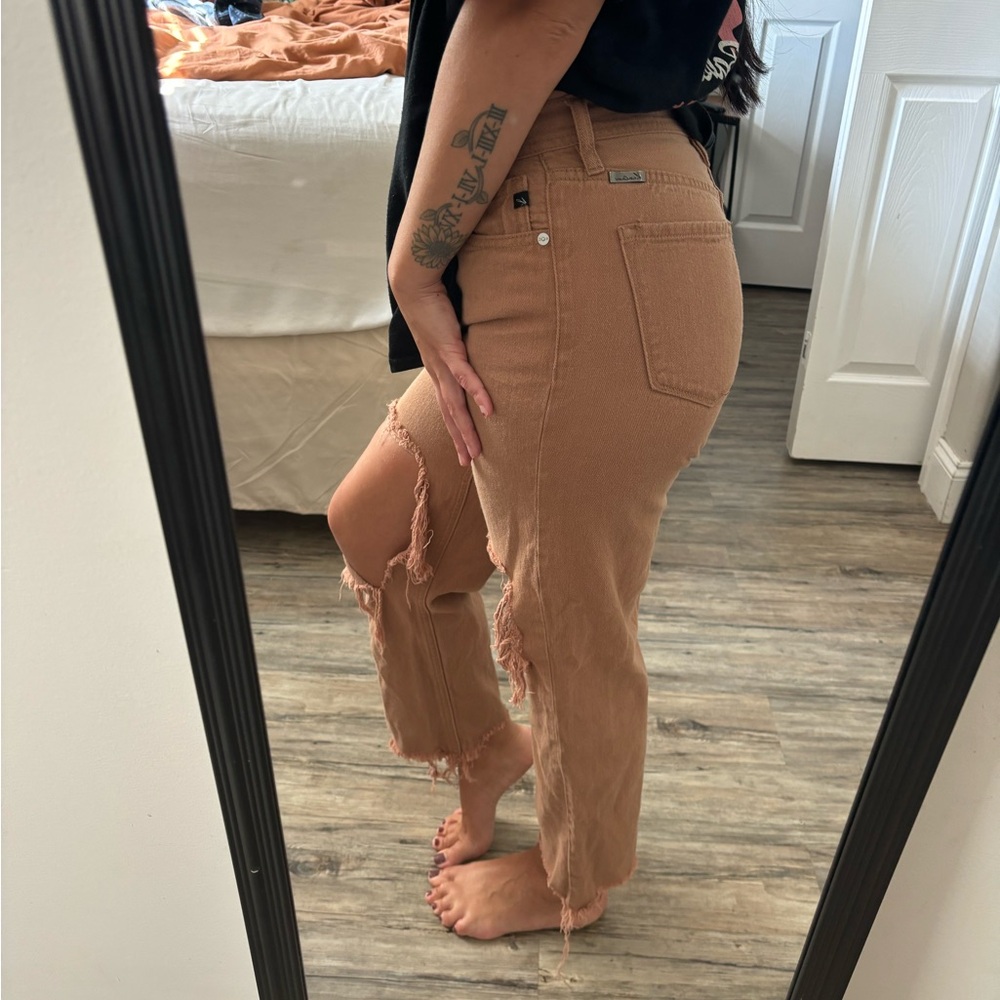 KanCan Tan Distressed Straight Leg Jeans